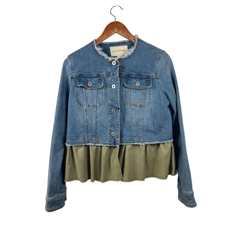 Pilcro‎ and the Letterpress Small Denim Jacket Olive Green Ruffle Hem Womens
